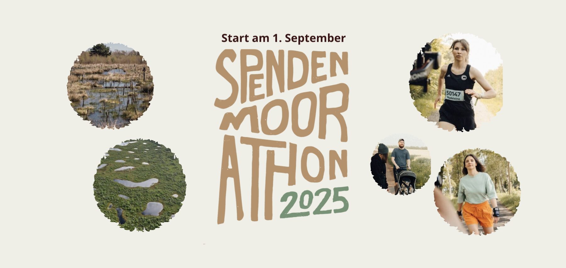 Collage aus dem Logo des Moorathon, Fotos vom Moor und Sportlern.