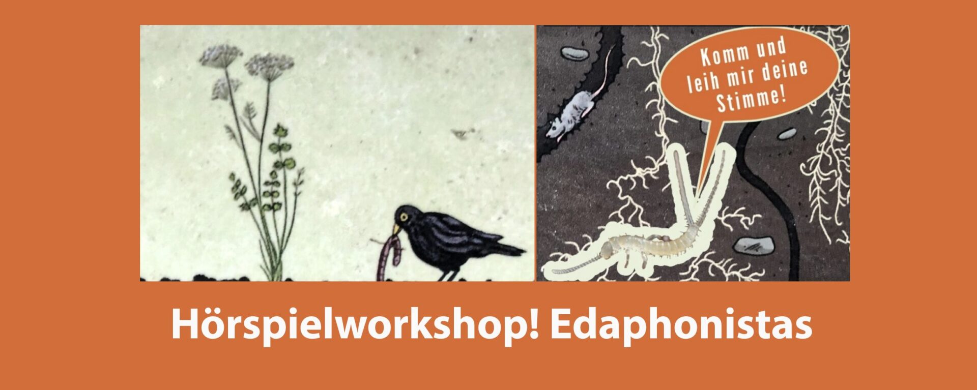 Plakat für den Härspielworkshop mit Bodenlebewesen und Pflanzen und Vogel.
