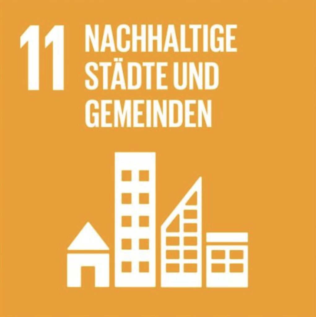 Bildtafel für das 11. Ziel der Social Development Goals: Nachhaltige Städte und Gemeinden. Unter dem Text ist eine Reihe mit vier Häusern.