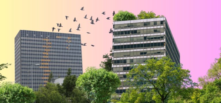 Collage aus Hochhäusern und Grünflächen.