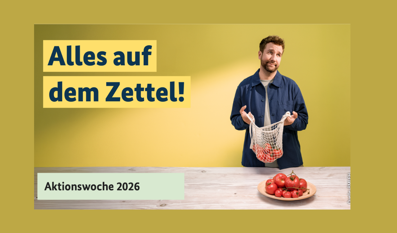 Ein Mann hält eine Plastiktüte mit Tomaten in den Händen. Daneben steht: Alles auf dem Zettel!