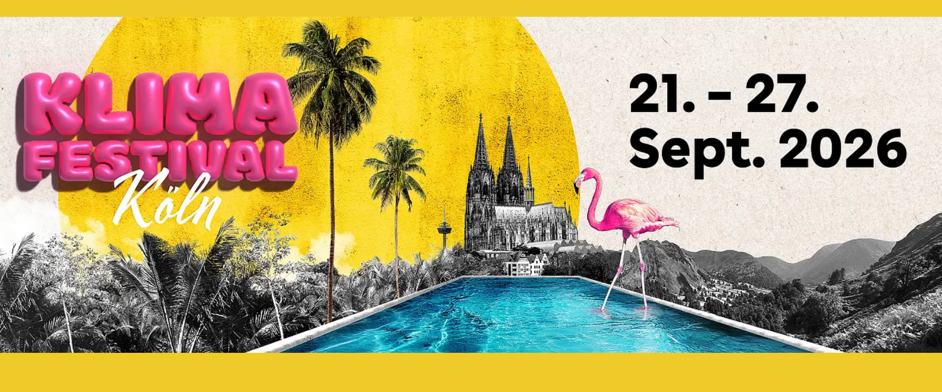 Design für das Klimafestival Köln mit dem Kölner Dom in Hitnergrund und einem Schwimmbecken.